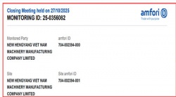 祝贺越南NEW HENGYANG VIET NAM MACHINERY MANUFACTURING COMPANY LIMITED2025年一次性成功通过SGS-BSCI验厂